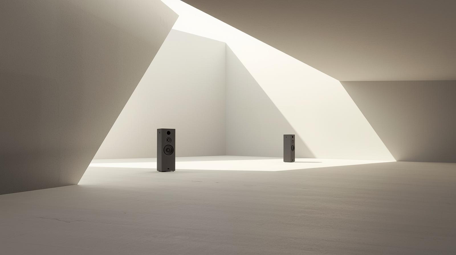 A minimalist and clean cinematic photography style, capturing speakers with sharp, weird edges within a vast, brutalist open space also featuring sharp architectural edges. The composition utilizes